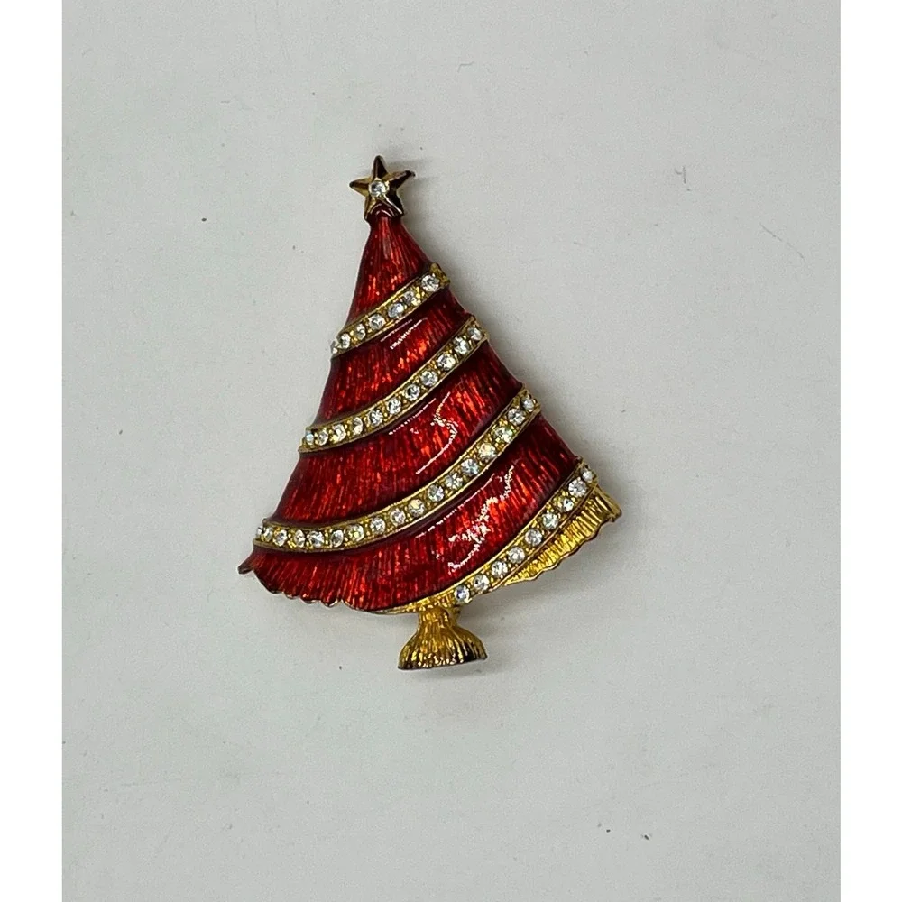 Eisenberg Ice Vintage Christmas tree Red Gloss Enamel‎ Xmas Rhinestone Brooch